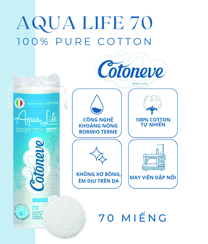 Bông tẩy trang 70 miếng, may viền, dập nổi tổ ong bề mặt AQUA LIFE COTONEVE