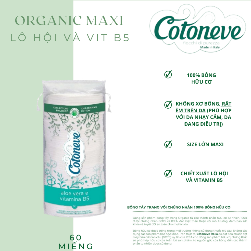 Bông tẩy trang HỮU CƠ 60 miếng MAXI 2 trong 1 COTONEVE (Chiết xuất Aloe vera và Vitamin B5)